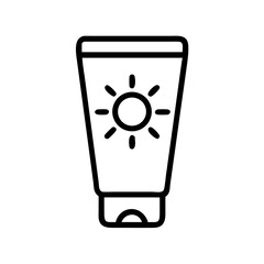 Outline drawing of a sunblock tube with a sun symbol for skin care protection on a white background
