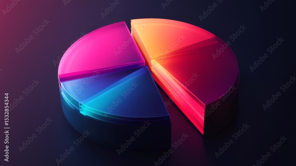 Poster Split D pie chart in rich jewel tones, each section partially separated and highlighted with lighting effects on a dark background