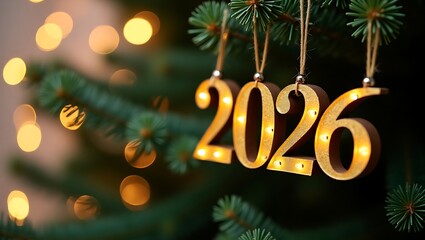 Illuminated 2026 christmas ornament hanging on evergreen tree with bokeh lights