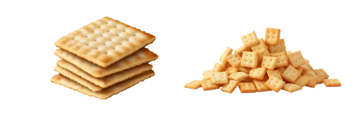 Set of a pile of small square crackers, isolated on transparent background.