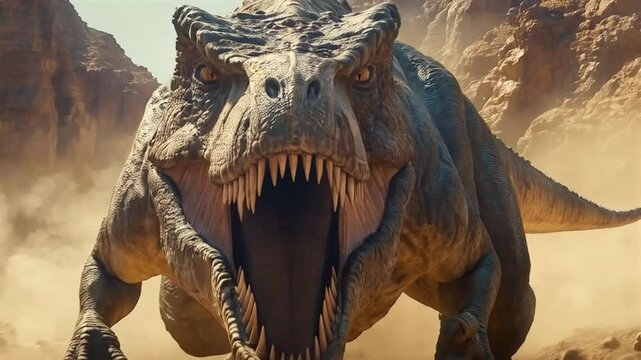 The T-Rex roars loudly in the jungle, its massive footsteps shaking the ground beneath.
