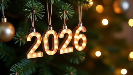 Illuminated 2026 christmas tree ornament festive new year holiday celebration bokeh lights