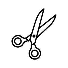Outline drawing of open craft tool with circular handles and sharp blades on a white background surface