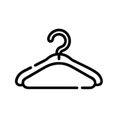 Simple graphic of a clothes hanger with a curved hook and a horizontal bar for garments to hang on