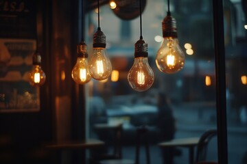 Warm light bulbs illuminate a cozy cafe atmosphere during the evening, Light bulbs at the cafe, change of focus