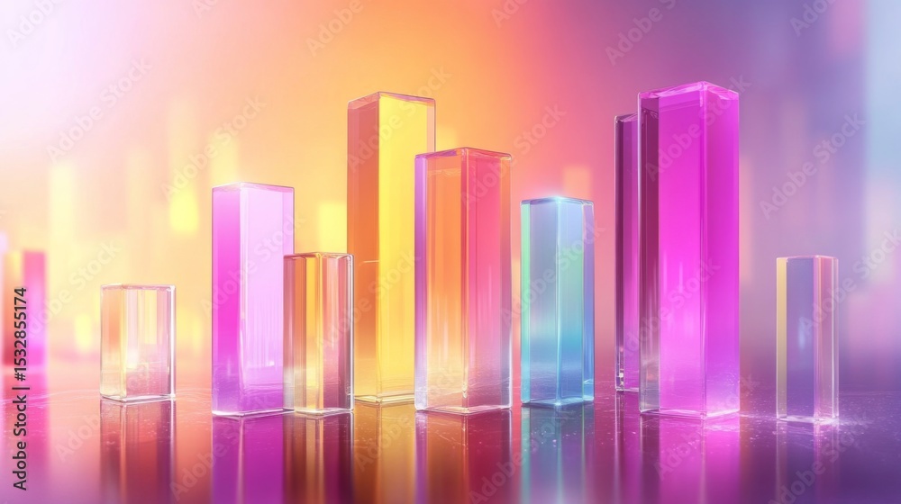 Fototapete Vibrant D bar chart with transparent elements layered on top of each other, set against a soft gradient background, creating an artistic representation of data.