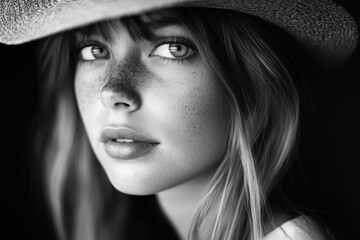 Chic Elegance: A Stylish Young Woman in a Hat Captured in Timeless Monochrome