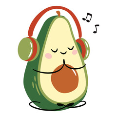 Flat vector illustration in a simple childish style. Cute avocado doing yoga and meditating to music with headphones on . Vector illustration