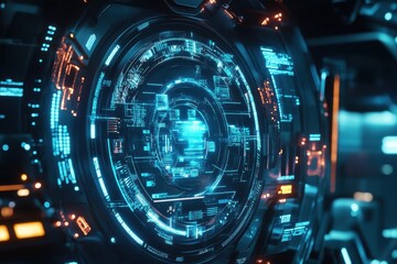 Futuristic technology interface showcasing advanced holographic displays and intricate data patterns, sci fi futuristic advanced technology background, animated hud screen