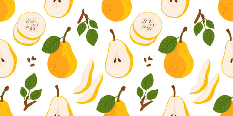 Seamless pattern with cartoon yellow pears in modern flat style. Fruit background. Vector printing for fabric and wallpaper. Cute fruits on a white background