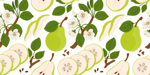 Seamless pattern with cartoon green pears in modern flat style. Fruit background. Vector printing for fabric and wallpaper. Cute fruits on a white background