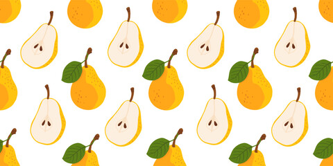 Seamless pattern with cartoon yellow pears in modern flat style. Fruit background. Vector printing for fabric and wallpaper. Cute fruits on a white background