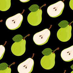 Seamless pattern with cartoon green pears in modern flat style. Fruit background. Vector printing for fabric and wallpaper. Cute fruits on a black background