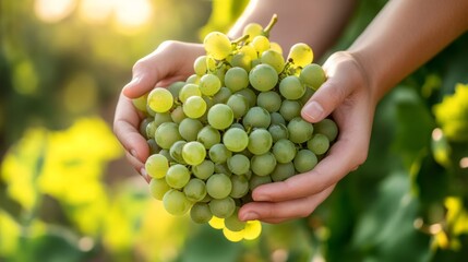 hands holding a large bunch of green grapes, vineyard view, morning light generative ai
