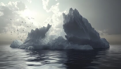 Iceberg in a vast ocean, birds circling overhead.