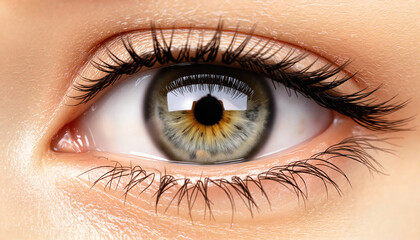 Close-up of human eye with hazel iris and long eyelashes in sharp detail