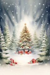 Beautiful snowy christmas tree with presents under falling snow watercolor illustration