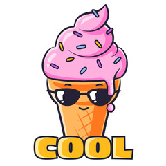 Waffle cone ice cream is smiling in transparent sticker with sprinkles, sunglasses and COOL text