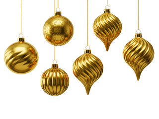 Elegant collection of gold, red, and white Christmas ornaments suspended on a transparent background&mdash;ideal for festive decorations, banners, or holiday designs.