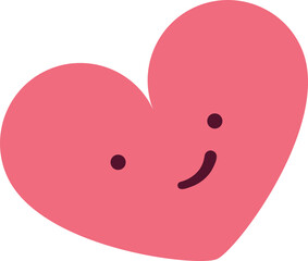 Flat design cartoon heart is tilting right and showing smiling face on transparent background