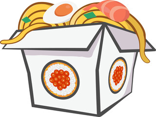 Cartoon takeout box is showing noodles, halved egg, shrimp in flat design on transparent background