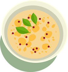 Flat design bowl is showing porridge with orange chunks, berries and leaves on transparent backdrop