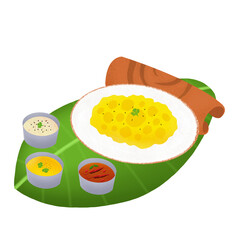 Transparent background illustration showing South Indian meal on banana leaf: dosa, upma, chutneys