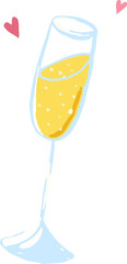 Flat champagne flute is showing bubbly yellow beverage  and  pink hearts on transparent background