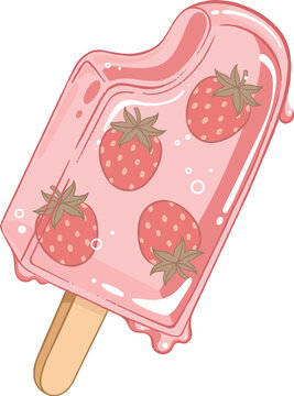 Naklejki pink strawberry popsicle vector is floating on transparent background showing stick, drips, seeds