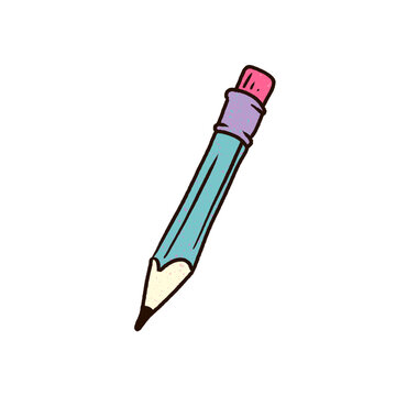 Cartoon pencil is being shown in sketch style, teal barrel and pink eraser, transparent background
