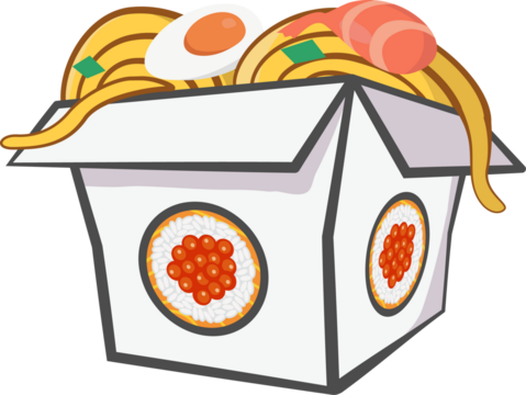 Cartoon takeout box is showing noodles, halved egg, shrimp in flat design on transparent background