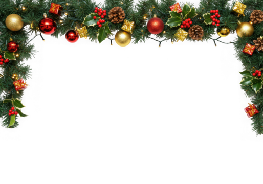 Christmas garland border with ornaments and lights