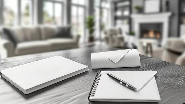 Blank white notebook, notepad, and envelope on a dark wood table, with a blurred background of a living room