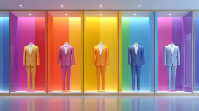 Fashion Boutique Display with Colorful Rainbow Background Showcasing Elegant Suits for Stylish Shoppers