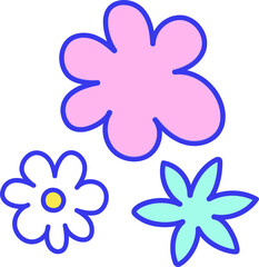 Three stylized pastel flower shapes are floating on transparent backdrop in flat cartoon design