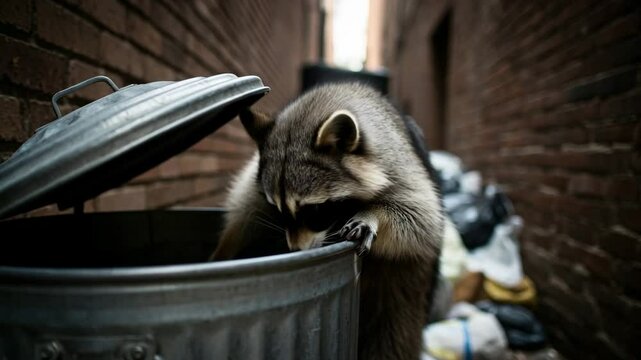 Raccoon searching through trash can in urban alleyway at night  