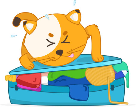 Fototapeta Cartoon cat is squeezing jammed blue suitcase with transparent background, spilling bright clothes