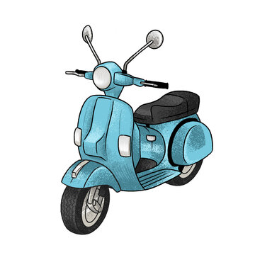 Fototapeta Light blue scooter is being shown in vintage vector art with headlight, tread, transparent backdrop