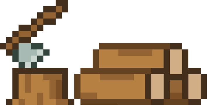 Fototapeta pixelated axe and stacked wood logs are being displayed in blocky pixel art, transparent background