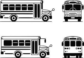 Simple Black and White School Bus Line Drawings Side and Front Views Transportation Vehicle Icon Graphic Design Element, silhouette