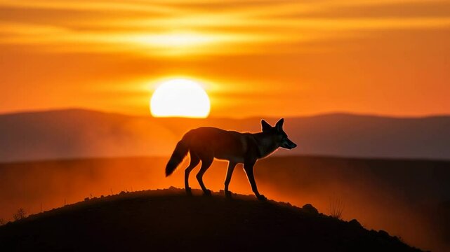 Coyote standing on a hill at sunset with abnormal heat concept  