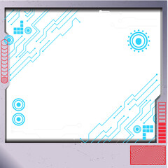 Futuristic HUD frame is showing cyan circuits and red shapes on transparent background, copy space