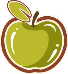 Stylized green apple is floating on transparent background, showing brown stem and leaf