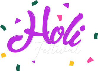 Holi Festival text is sparkling in brush design, with colorful confetti on transparent background