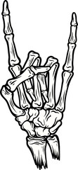 Stylized flat black-and-white skeleton hand is showing rock-on gesture with transparent background