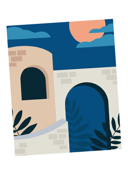 Naklejki Minimalist flat facade is being shown in polaroid frame with arches, sun, transparent background