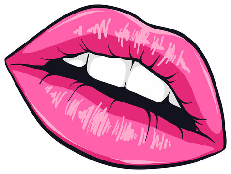 Fototapeta Lips are showing pink gloss with bold black outlines in pop art flat design, transparent background