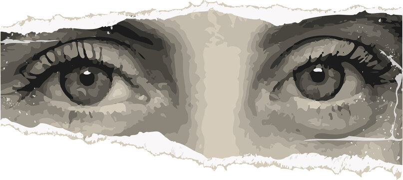 Pair of eyes are emerging through torn paper in stylized gray vector art, transparent background