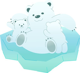 Polar bear family is sitting on turquoise ice floe on transparent background in minimalist pastel