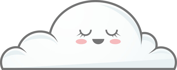 Stylized cartoon cloud displaying rosy cheeks, smiling with kawaii design on transparent background